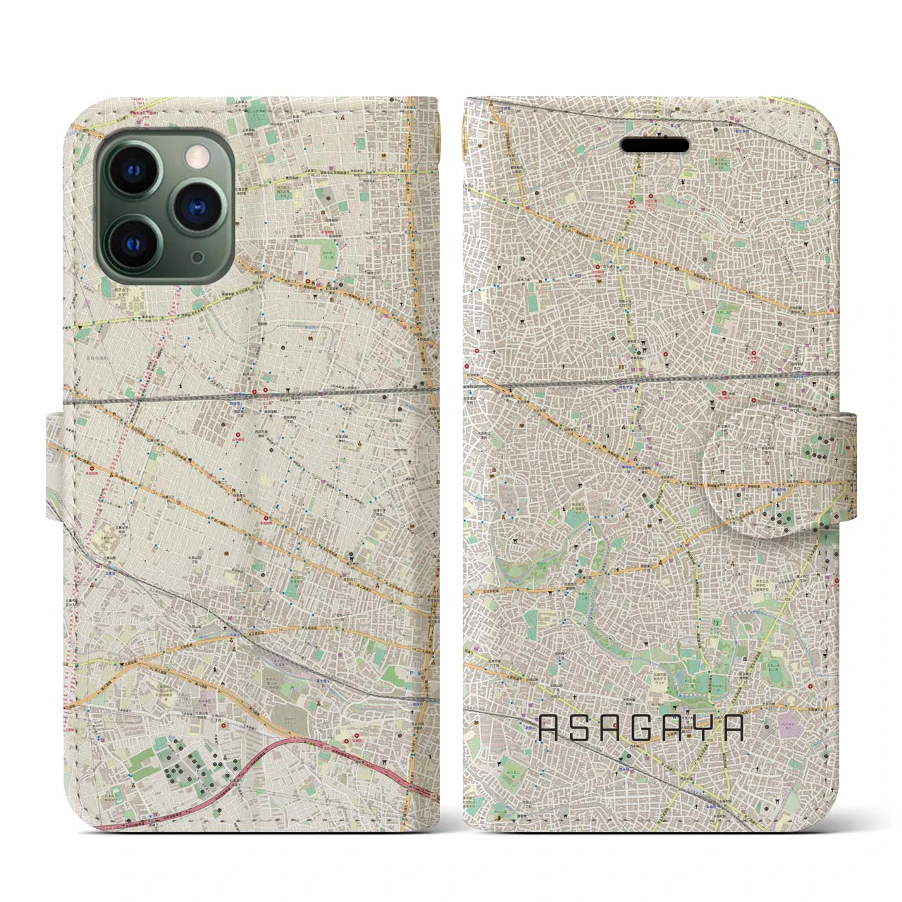 【阿佐ケ谷(東京都)】地図柄iPhoneケース(手帳タイプ)ナチュラル・iPhone 11 Pro 用