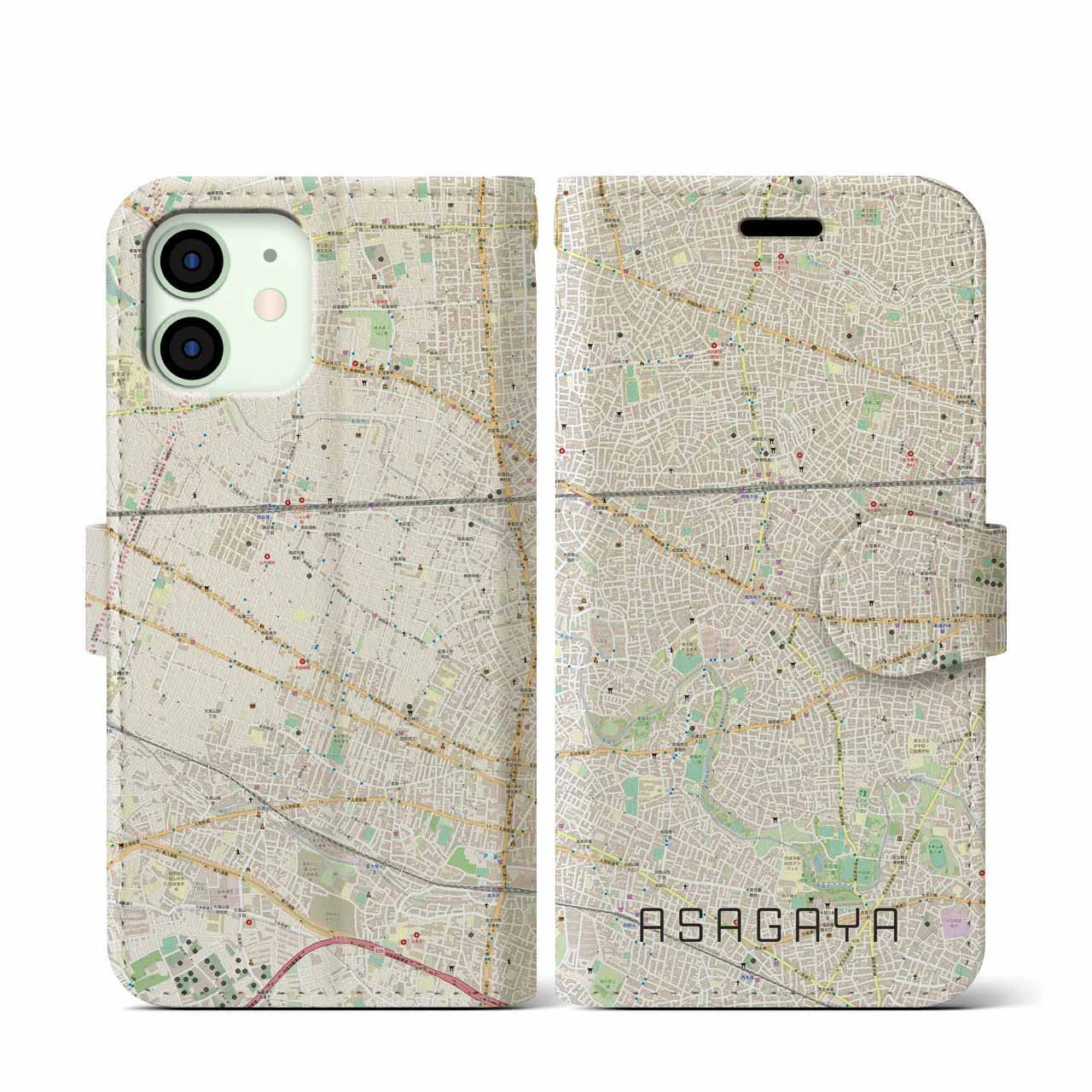 【阿佐ケ谷(東京都)】地図柄iPhoneケース(手帳タイプ)ナチュラル・iPhone 12 mini 用