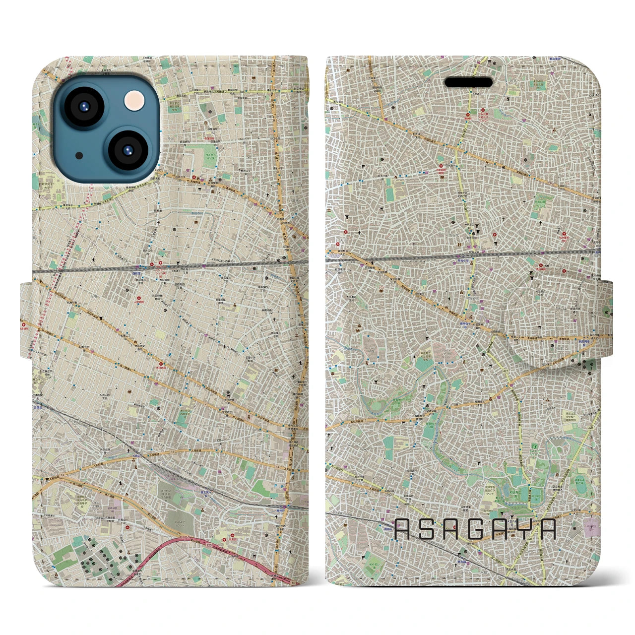 【阿佐ケ谷(東京都)】地図柄iPhoneケース(手帳タイプ)ナチュラル・iPhone 13 用