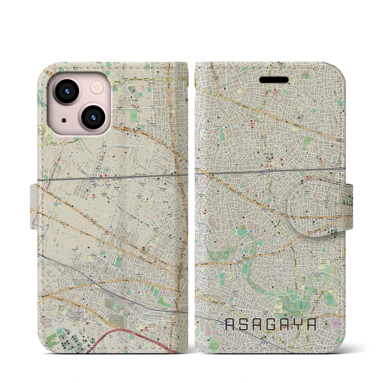 【阿佐ケ谷(東京都)】地図柄iPhoneケース(手帳タイプ)ナチュラル・iPhone 13 mini 用