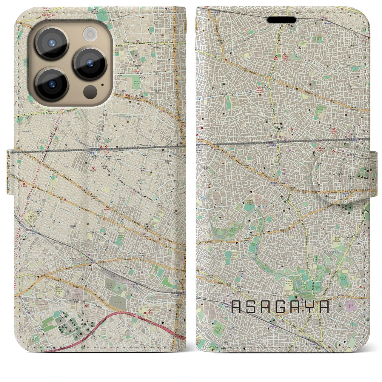 【阿佐ケ谷(東京都)】地図柄iPhoneケース(手帳タイプ)ナチュラル・iPhone 14 Pro Max 用