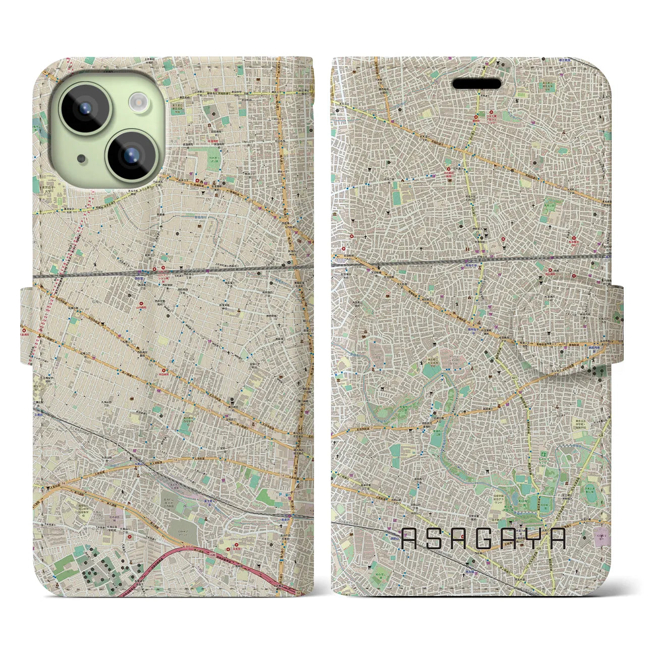 【阿佐ケ谷(東京都)】地図柄iPhoneケース(手帳タイプ)ナチュラル・iPhone 15 用