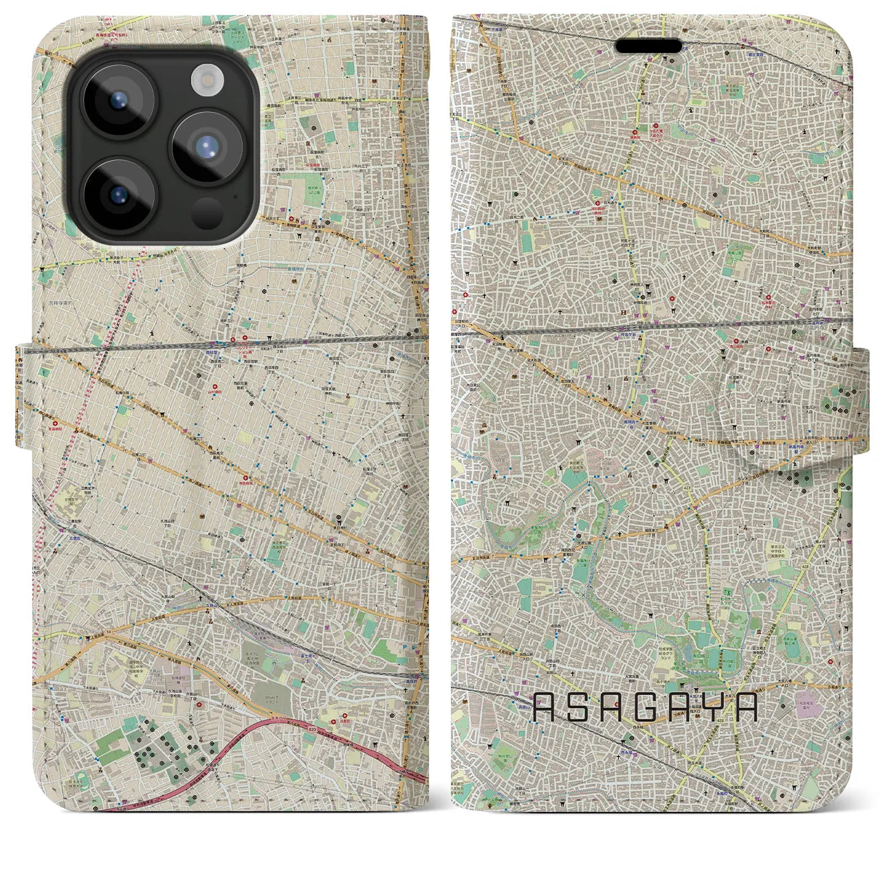 【阿佐ケ谷(東京都)】地図柄iPhoneケース(手帳タイプ)ナチュラル・iPhone 15 Pro Max 用