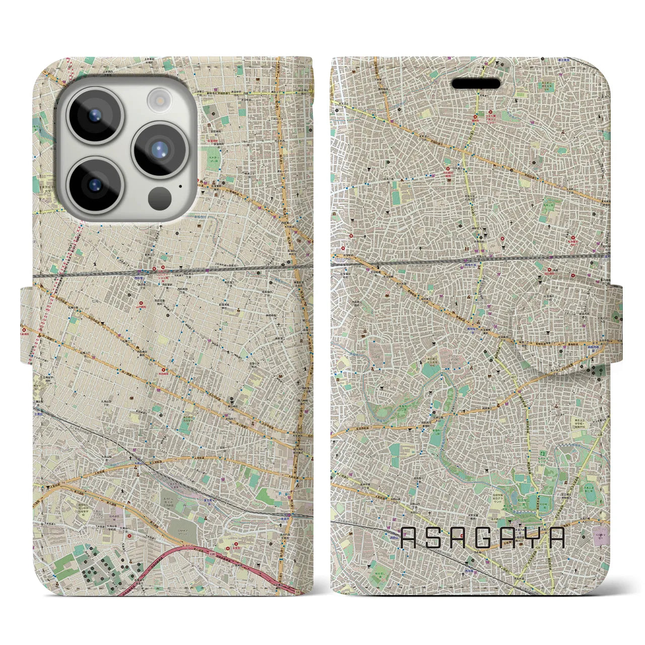 【阿佐ケ谷(東京都)】地図柄iPhoneケース(手帳タイプ)ナチュラル・iPhone 15 Pro 用