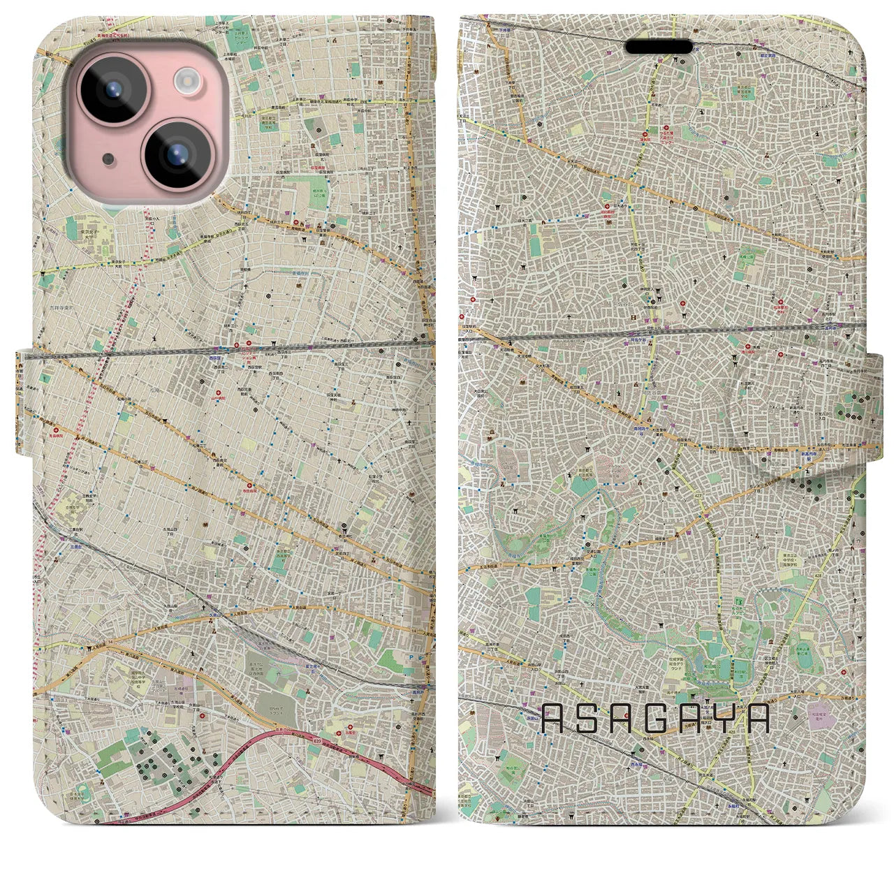 【阿佐ケ谷(東京都)】地図柄iPhoneケース(手帳タイプ)ナチュラル・iPhone 15 Plus 用