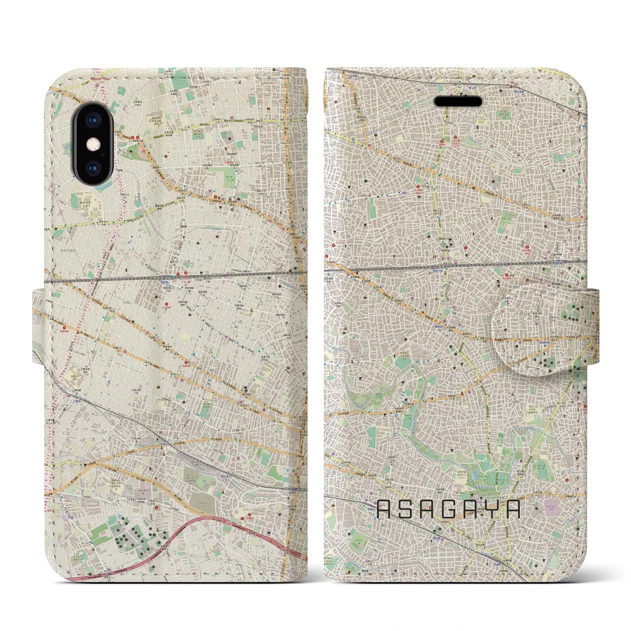【阿佐ケ谷(東京都)】地図柄iPhoneケース(手帳タイプ)ナチュラル・iPhone XS / X 用