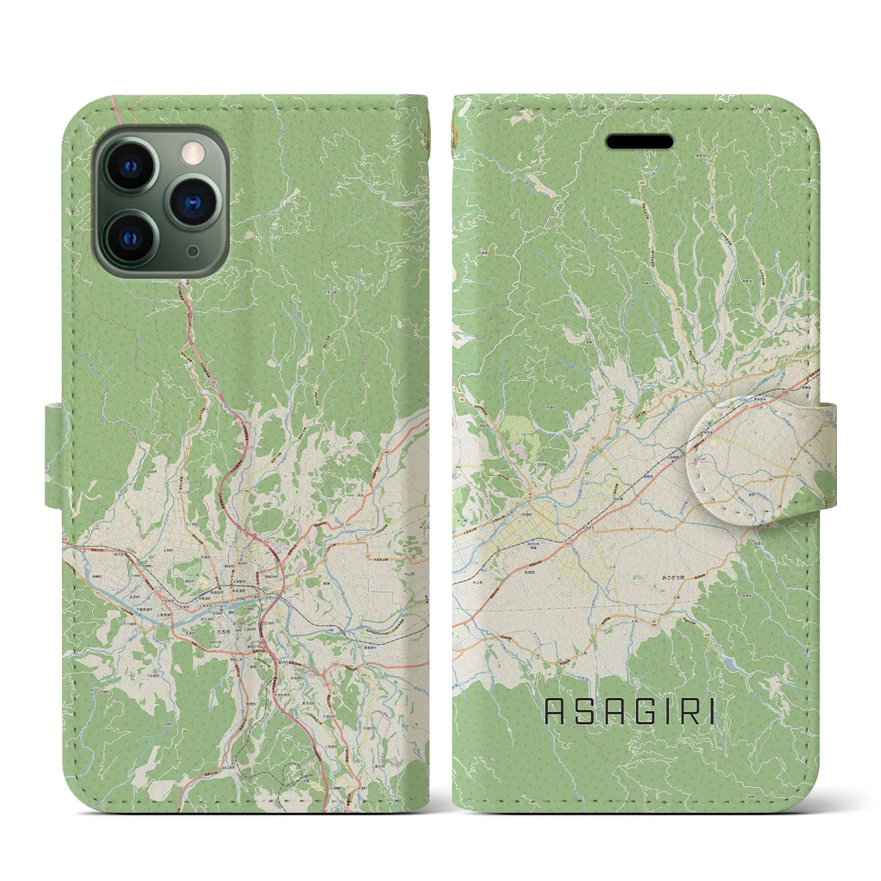 【あさぎり(熊本県)】地図柄iPhoneケース(手帳タイプ)ナチュラル・iPhone 11 Pro 用