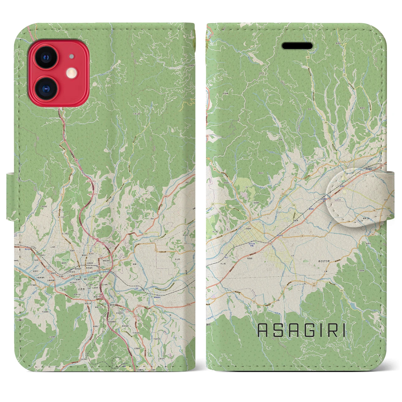 【あさぎり(熊本県)】地図柄iPhoneケース(手帳タイプ)ナチュラル・iPhone 11 用
