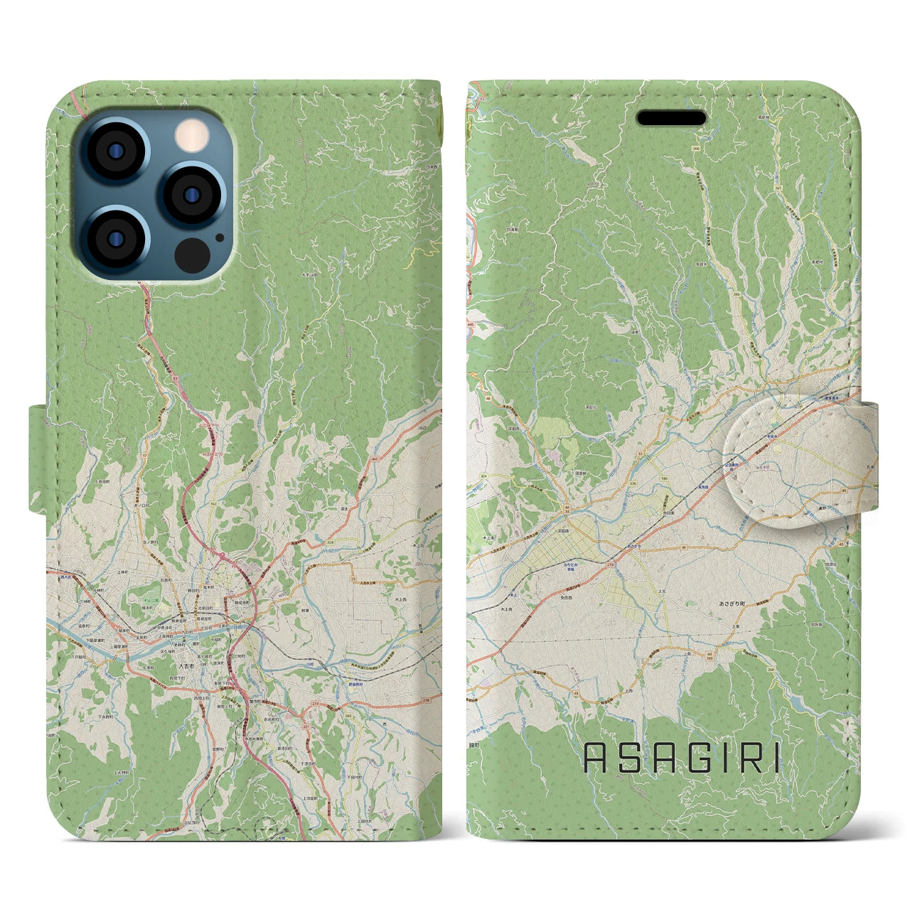 【あさぎり(熊本県)】地図柄iPhoneケース(手帳タイプ)ナチュラル・iPhone 12 / 12 Pro 用