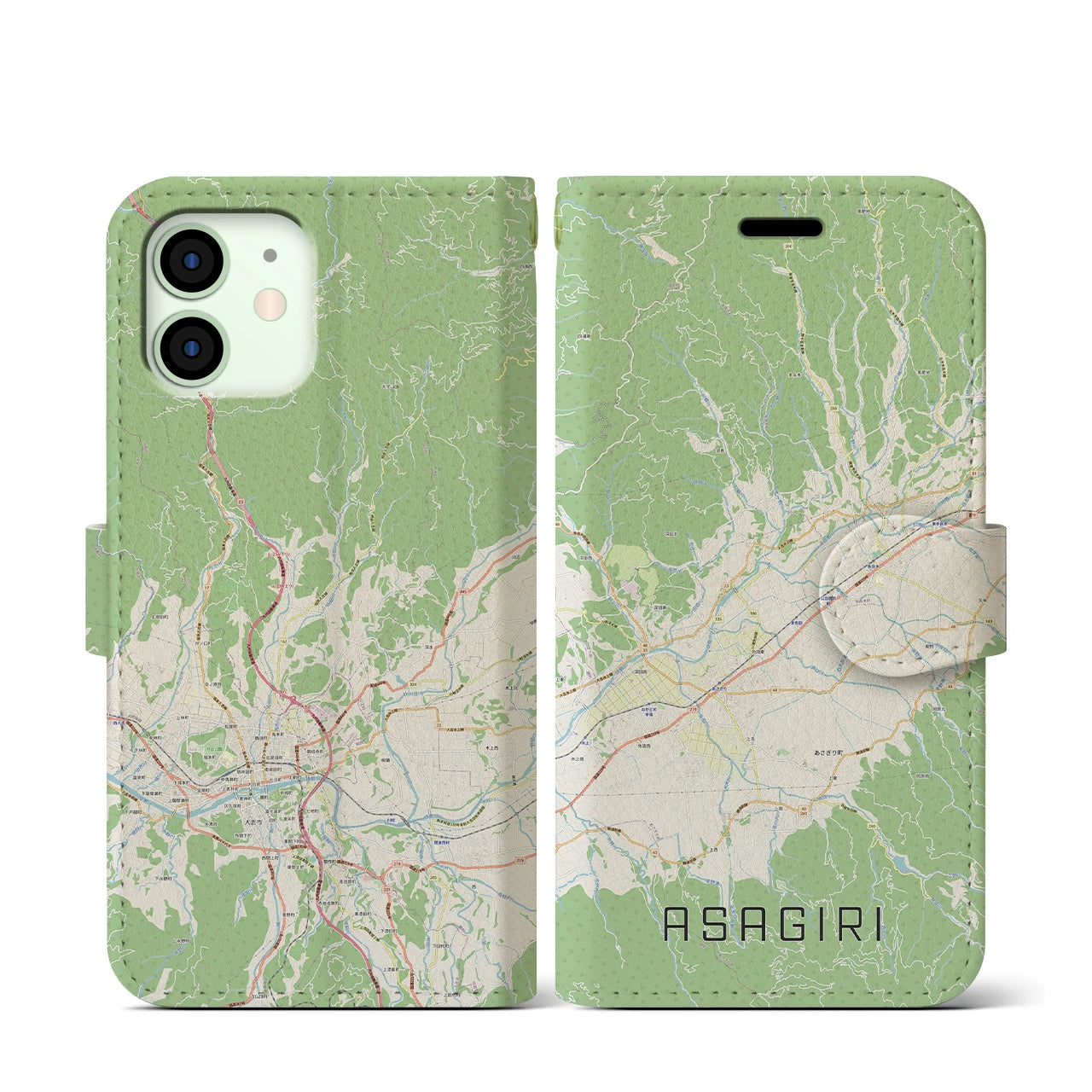 【あさぎり(熊本県)】地図柄iPhoneケース(手帳タイプ)ナチュラル・iPhone 12 mini 用