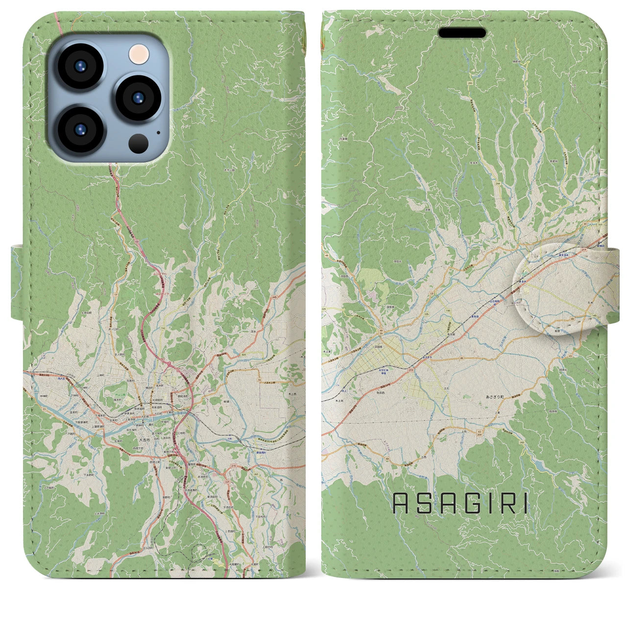 【あさぎり(熊本県)】地図柄iPhoneケース(手帳タイプ)ナチュラル・iPhone 13 Pro Max 用