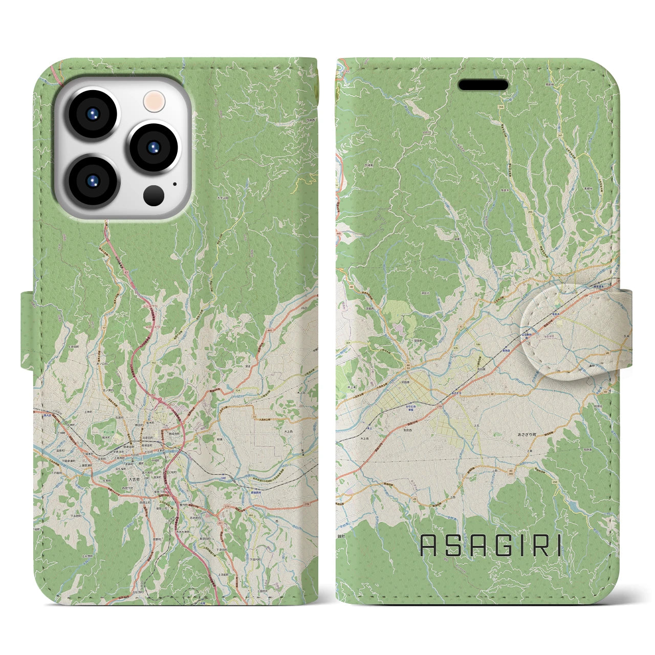 【あさぎり(熊本県)】地図柄iPhoneケース(手帳タイプ)ナチュラル・iPhone 13 Pro 用