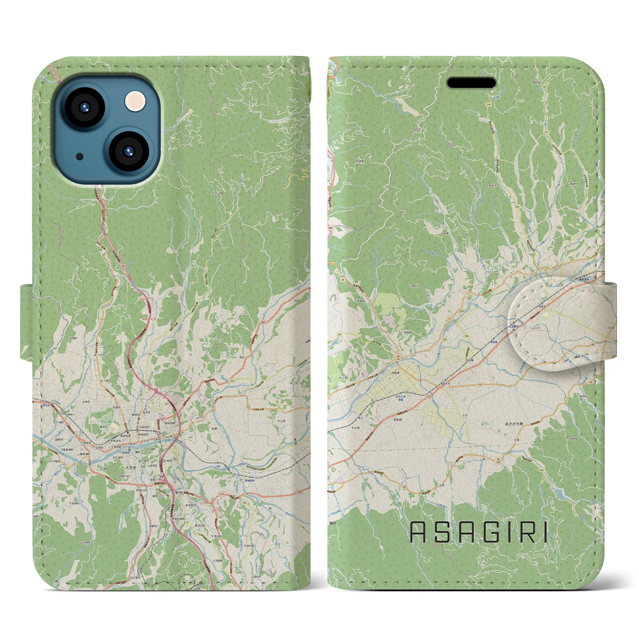 【あさぎり(熊本県)】地図柄iPhoneケース(手帳タイプ)ナチュラル・iPhone 13 用