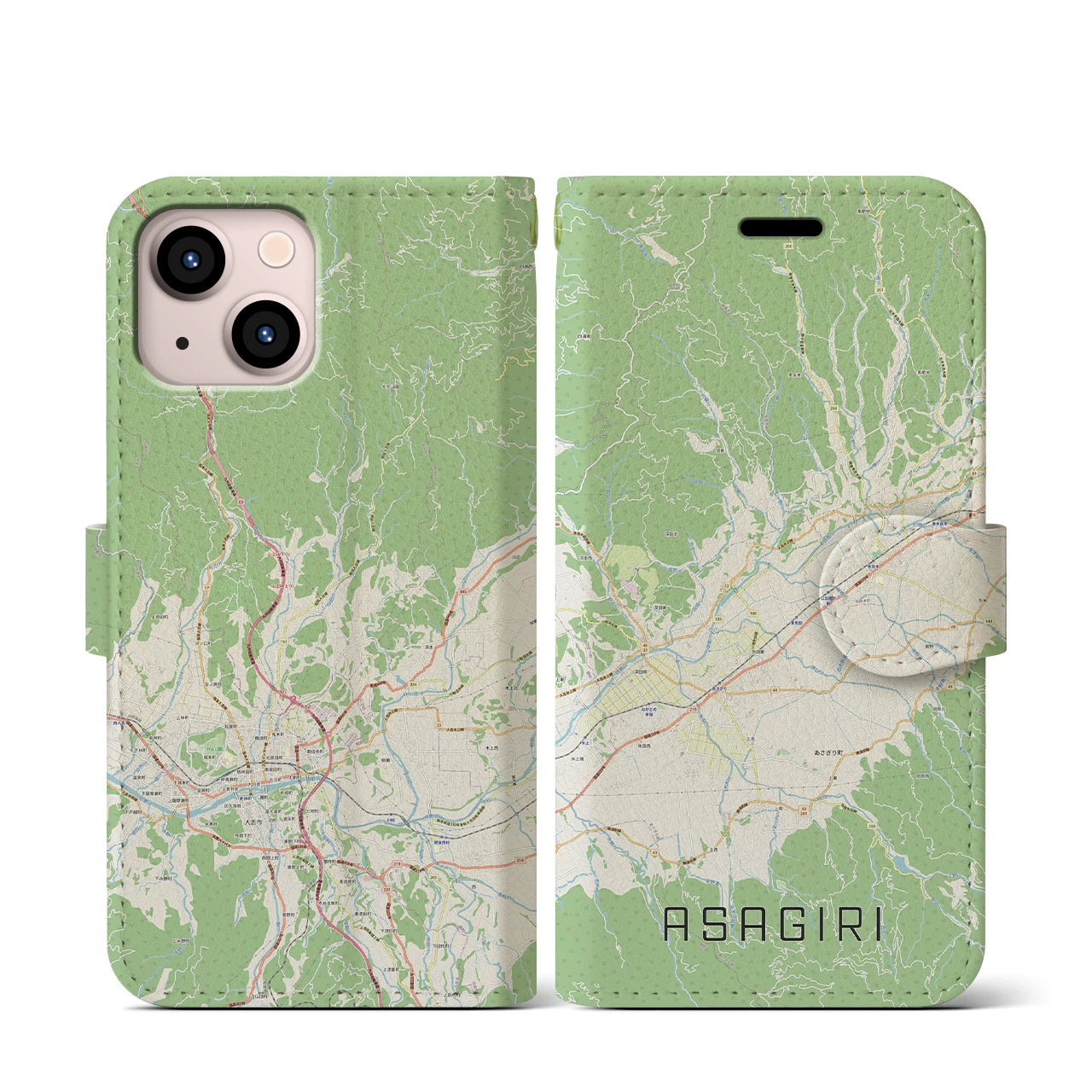 【あさぎり(熊本県)】地図柄iPhoneケース(手帳タイプ)ナチュラル・iPhone 13 mini 用