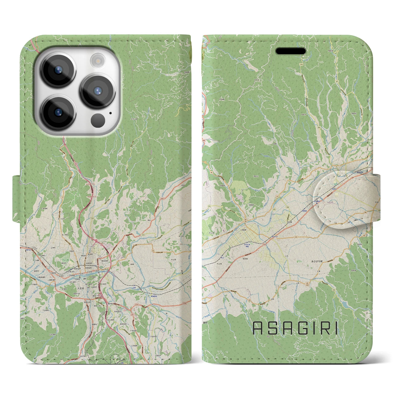 【あさぎり(熊本県)】地図柄iPhoneケース(手帳タイプ)ナチュラル・iPhone 14 Pro 用