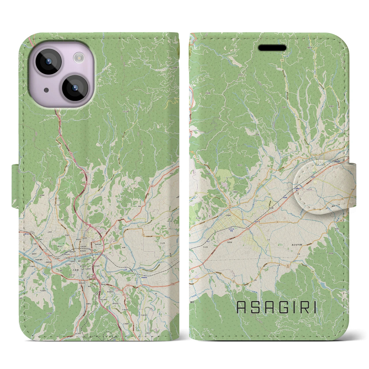 【あさぎり(熊本県)】地図柄iPhoneケース(手帳タイプ)ナチュラル・iPhone 14 用