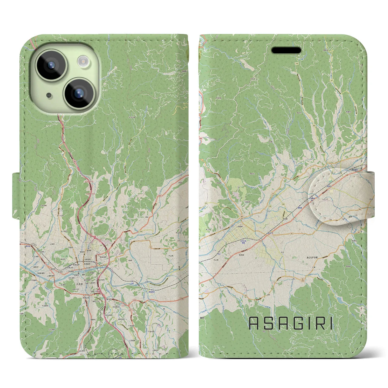 【あさぎり(熊本県)】地図柄iPhoneケース(手帳タイプ)ナチュラル・iPhone 15 用