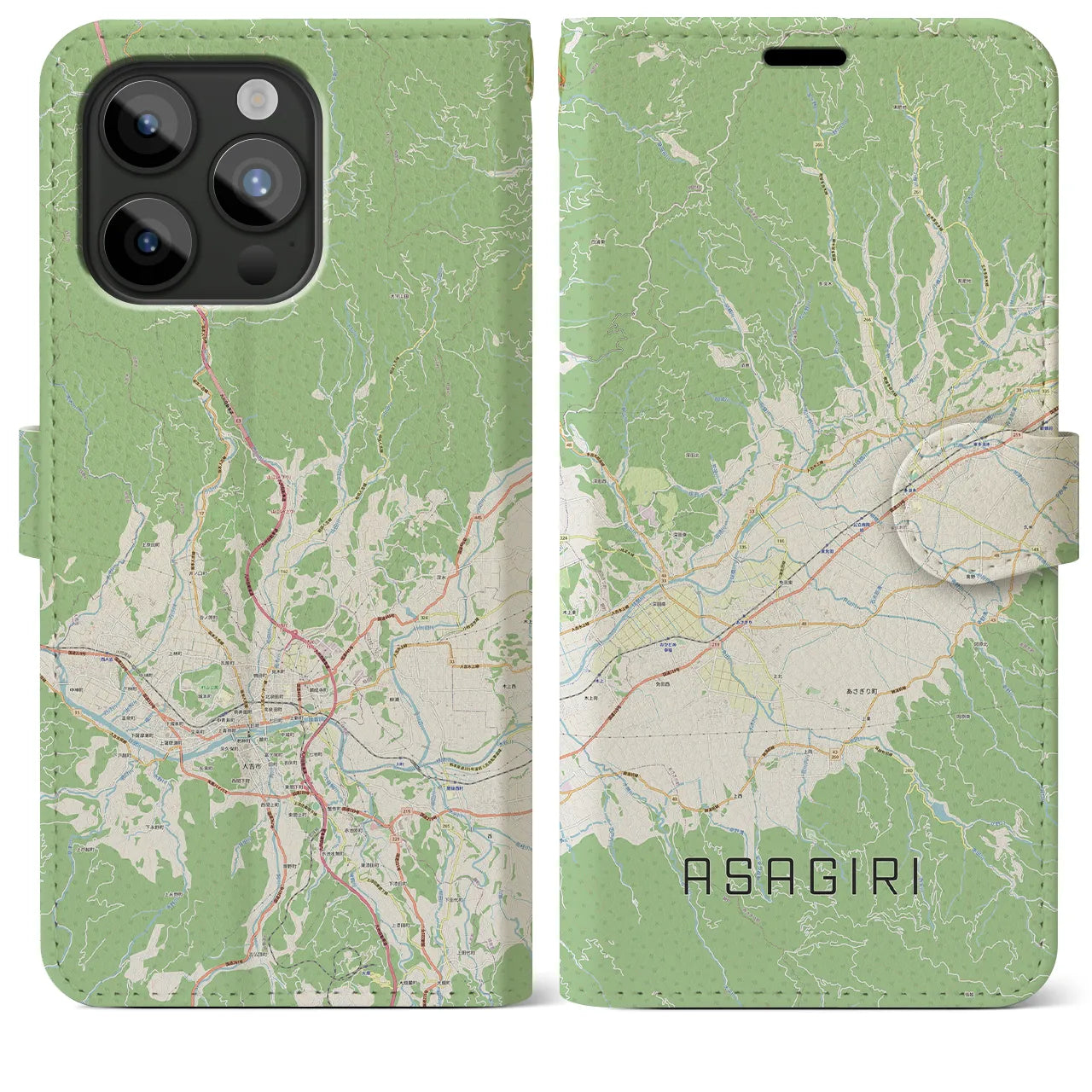 【あさぎり(熊本県)】地図柄iPhoneケース(手帳タイプ)ナチュラル・iPhone 15 Pro Max 用