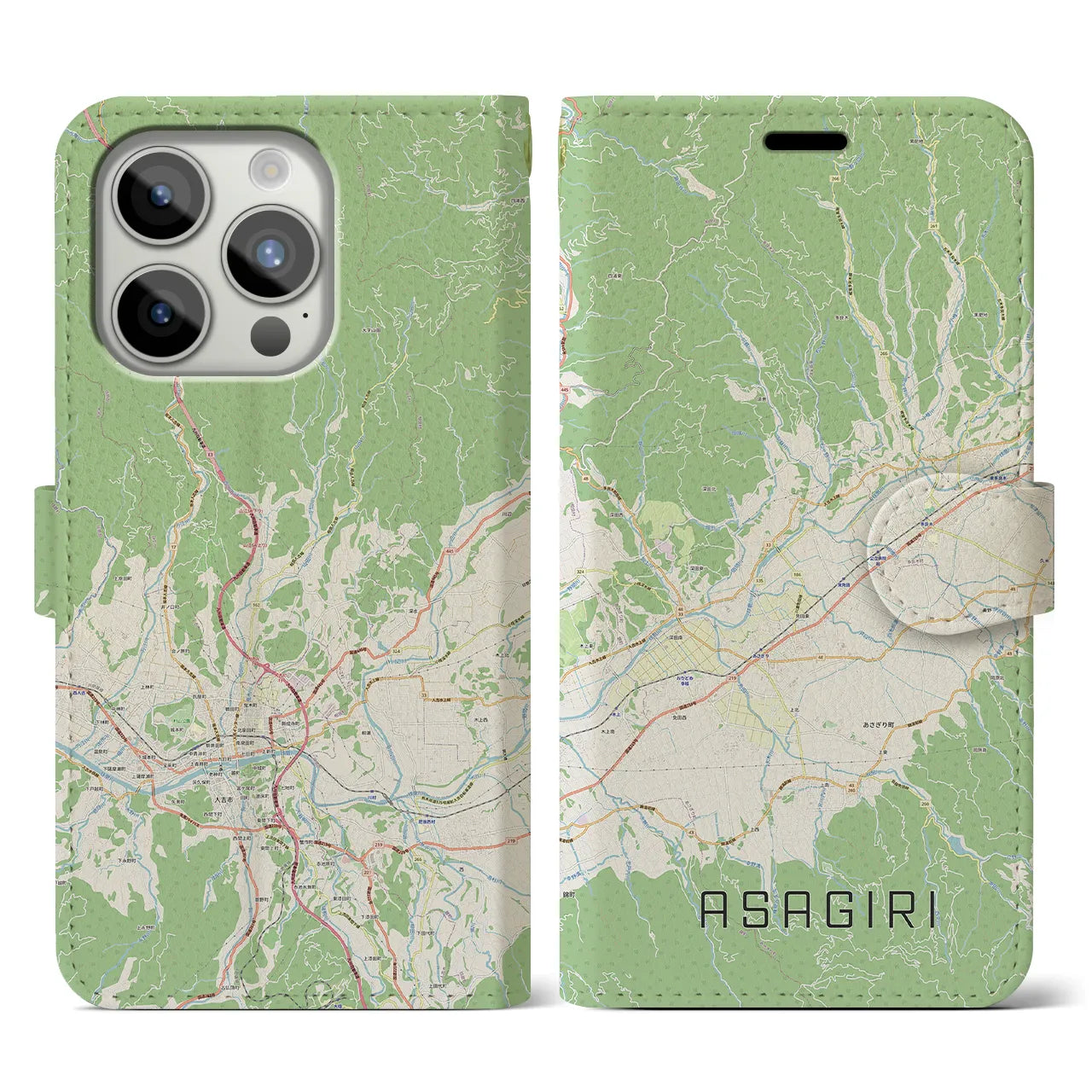 【あさぎり(熊本県)】地図柄iPhoneケース(手帳タイプ)ナチュラル・iPhone 15 Pro 用