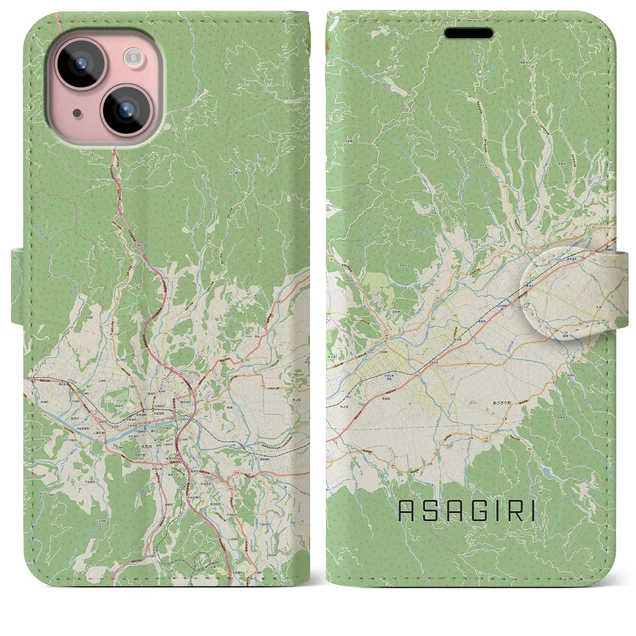 【あさぎり(熊本県)】地図柄iPhoneケース(手帳タイプ)ナチュラル・iPhone 15 Plus 用