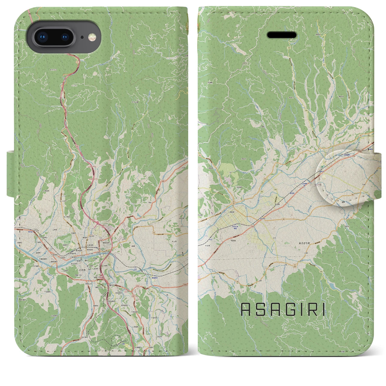 【あさぎり(熊本県)】地図柄iPhoneケース(手帳タイプ)ナチュラル・iPhone 8Plus /7Plus / 6sPlus / 6Plus 用