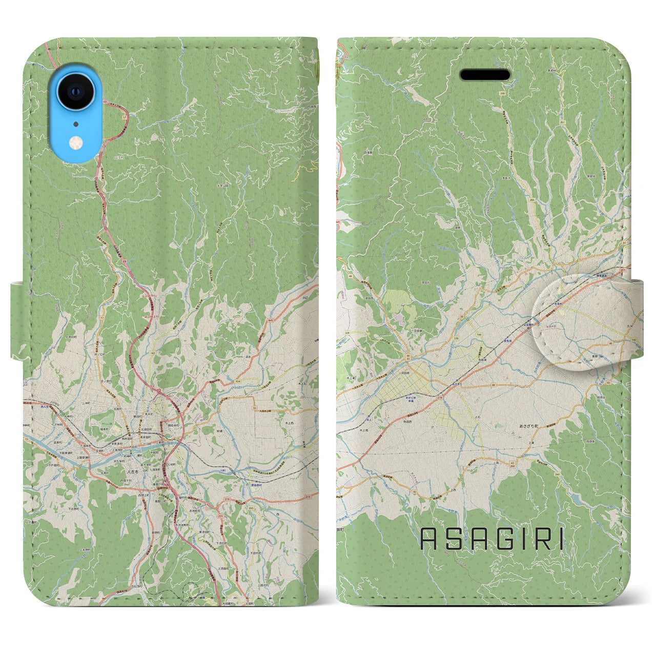 【あさぎり(熊本県)】地図柄iPhoneケース(手帳タイプ)ナチュラル・iPhone XR 用