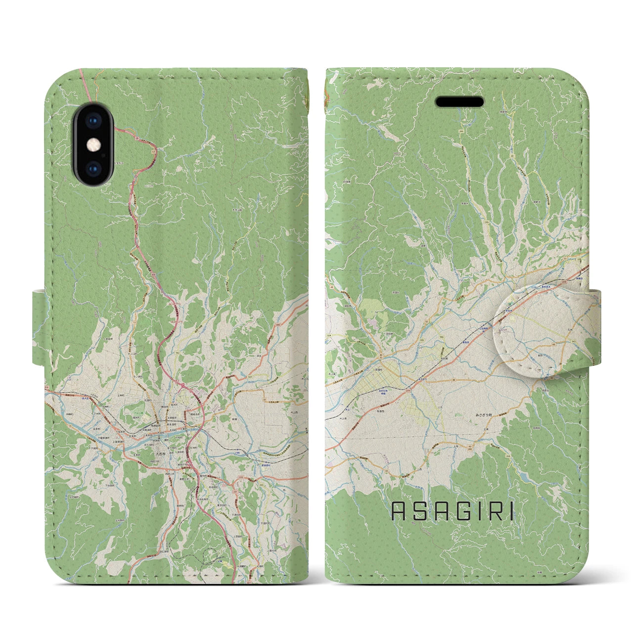 【あさぎり(熊本県)】地図柄iPhoneケース(手帳タイプ)ナチュラル・iPhone XS / X 用