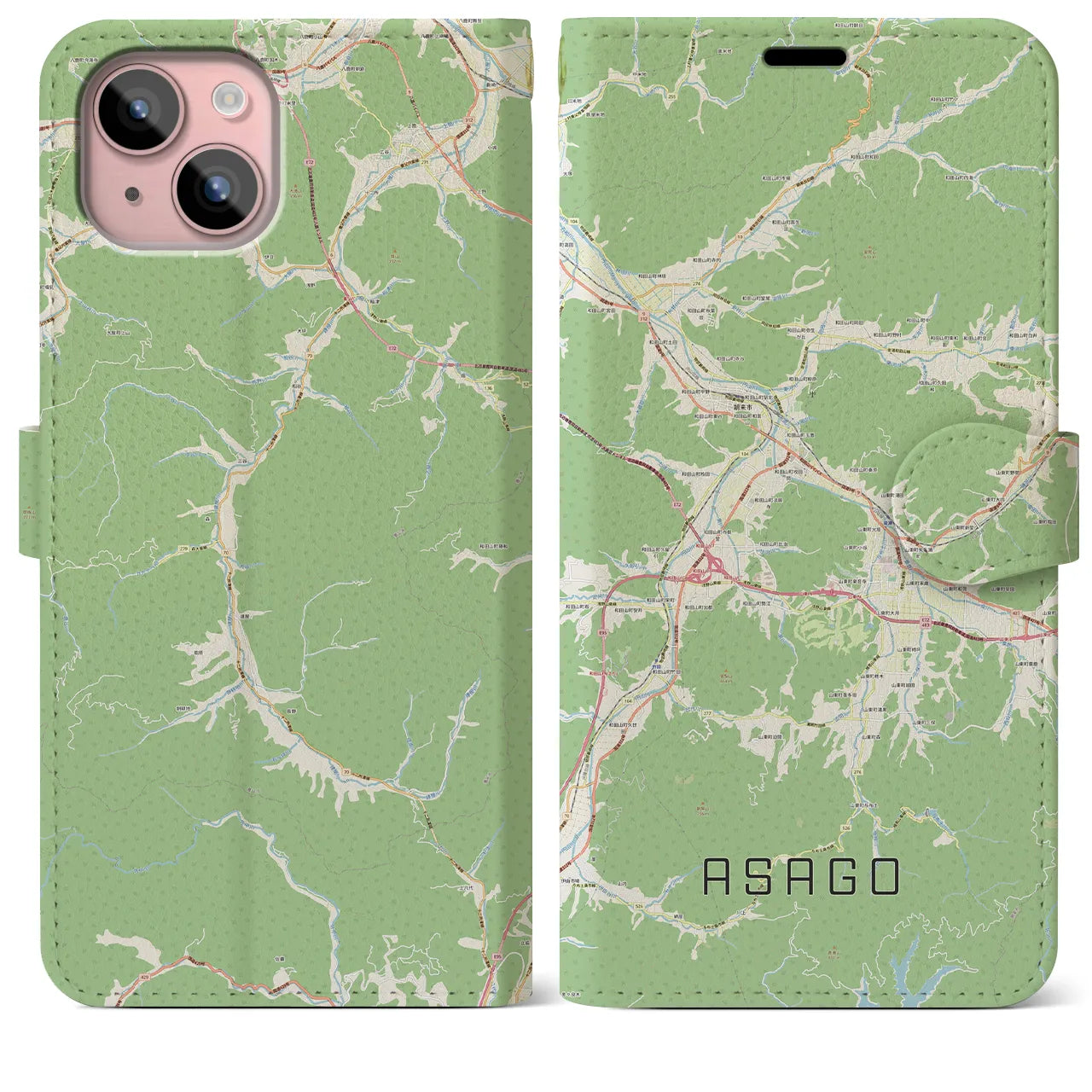 【朝来(兵庫県)】地図柄iPhoneケース(手帳タイプ)ナチュラル・iPhone 15 Plus 用