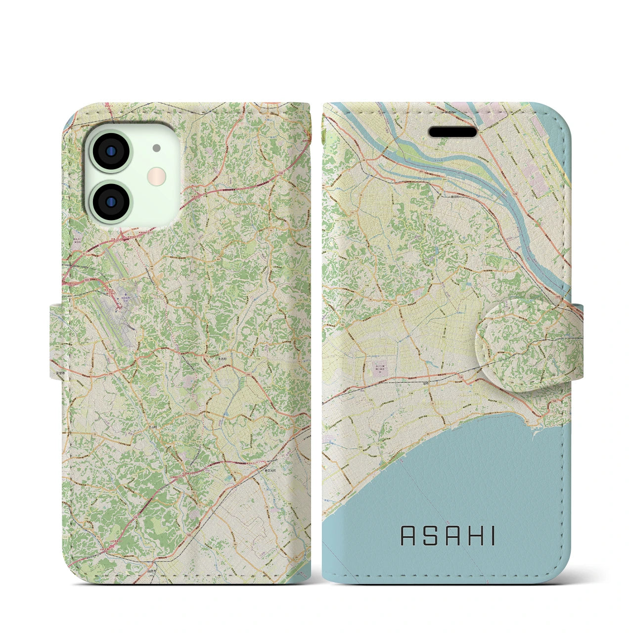 【旭(千葉県)】地図柄iPhoneケース(手帳タイプ)ナチュラル・iPhone 12 mini 用