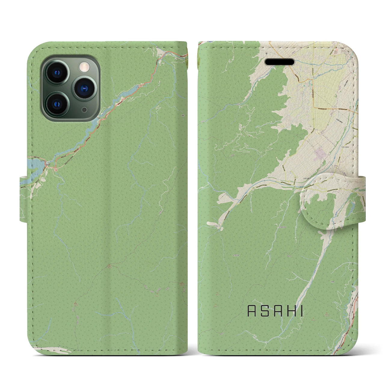 【朝日(長野県)】地図柄iPhoneケース(手帳タイプ)ナチュラル・iPhone 11 Pro 用