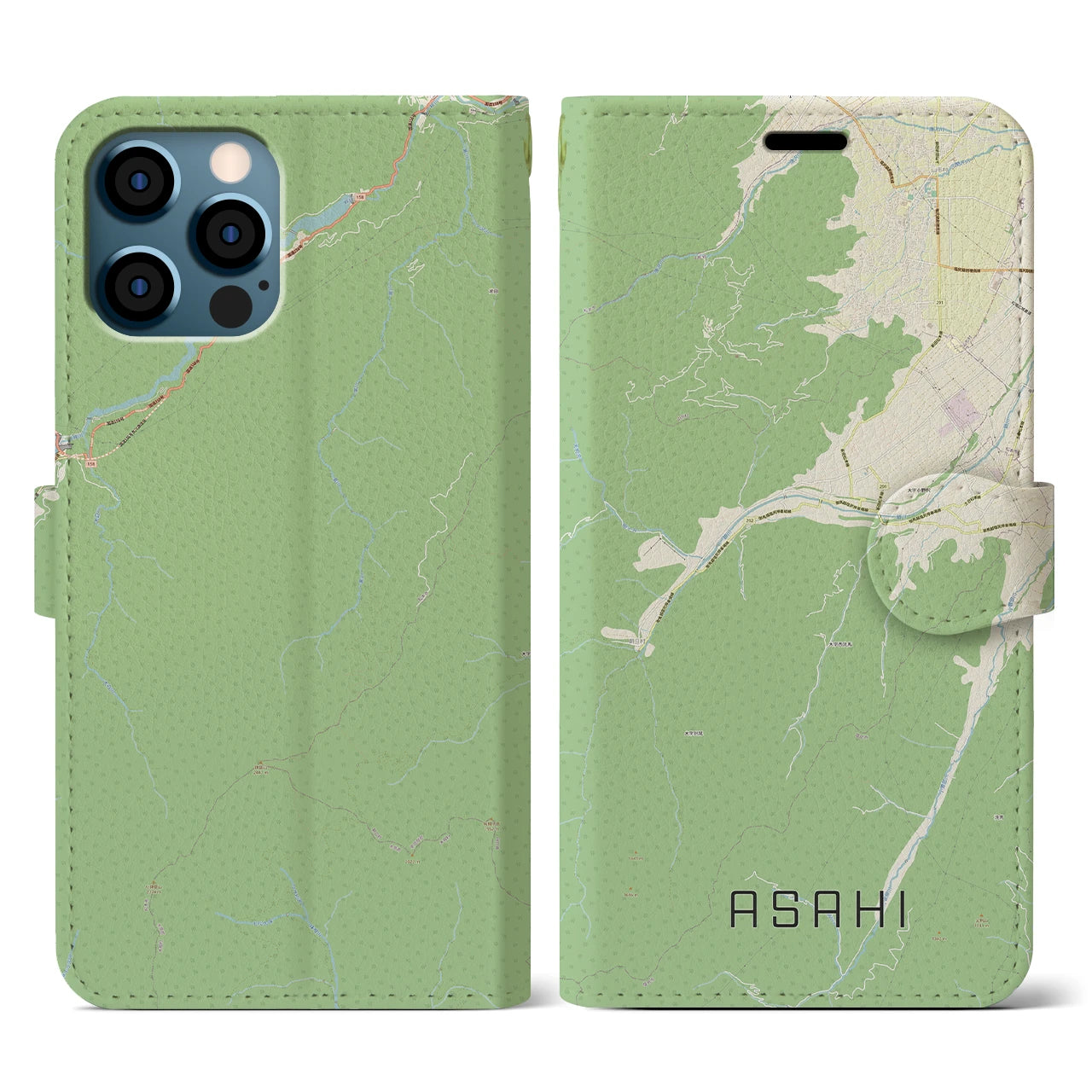 【朝日(長野県)】地図柄iPhoneケース(手帳タイプ)ナチュラル・iPhone 12 / 12 Pro 用