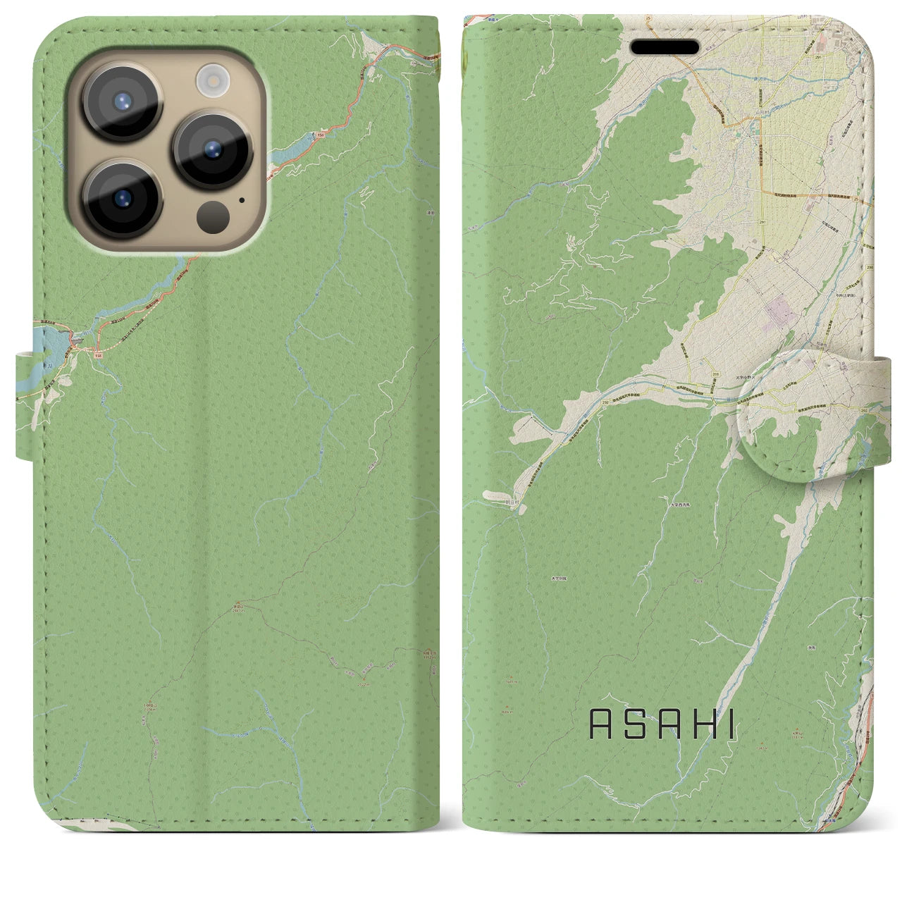 【朝日(長野県)】地図柄iPhoneケース(手帳タイプ)ナチュラル・iPhone 14 Pro Max 用