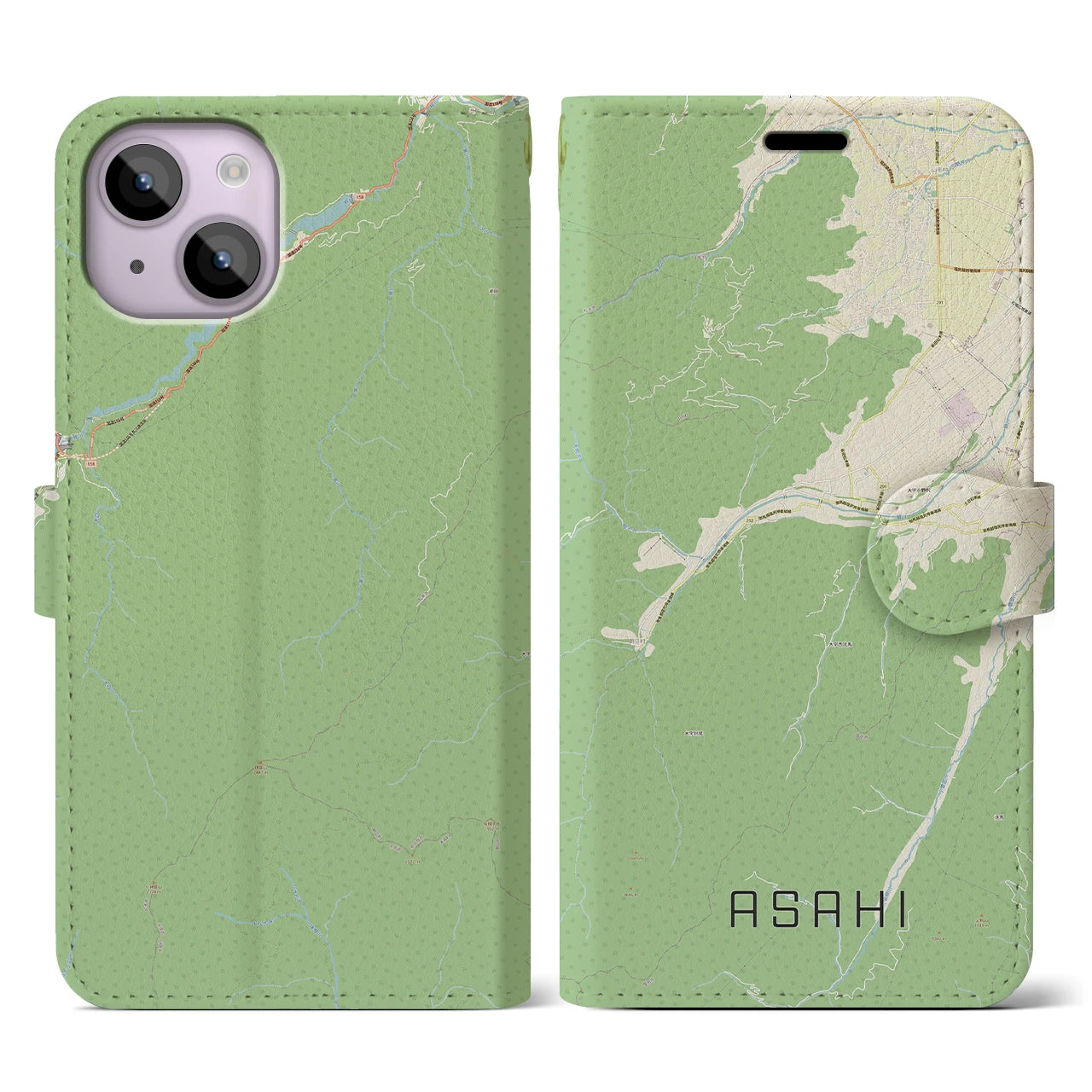 【朝日(長野県)】地図柄iPhoneケース(手帳タイプ)ナチュラル・iPhone 14 用