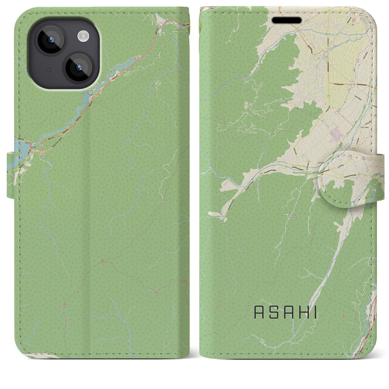 【朝日(長野県)】地図柄iPhoneケース(手帳タイプ)ナチュラル・iPhone 14 Plus 用