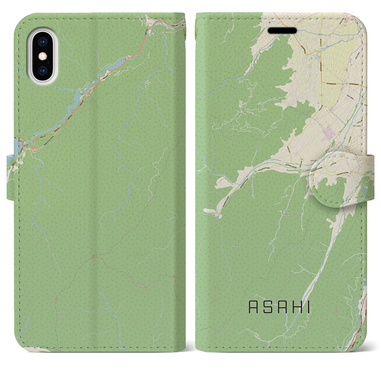 【朝日(長野県)】地図柄iPhoneケース(手帳タイプ)ナチュラル・iPhone XS Max 用