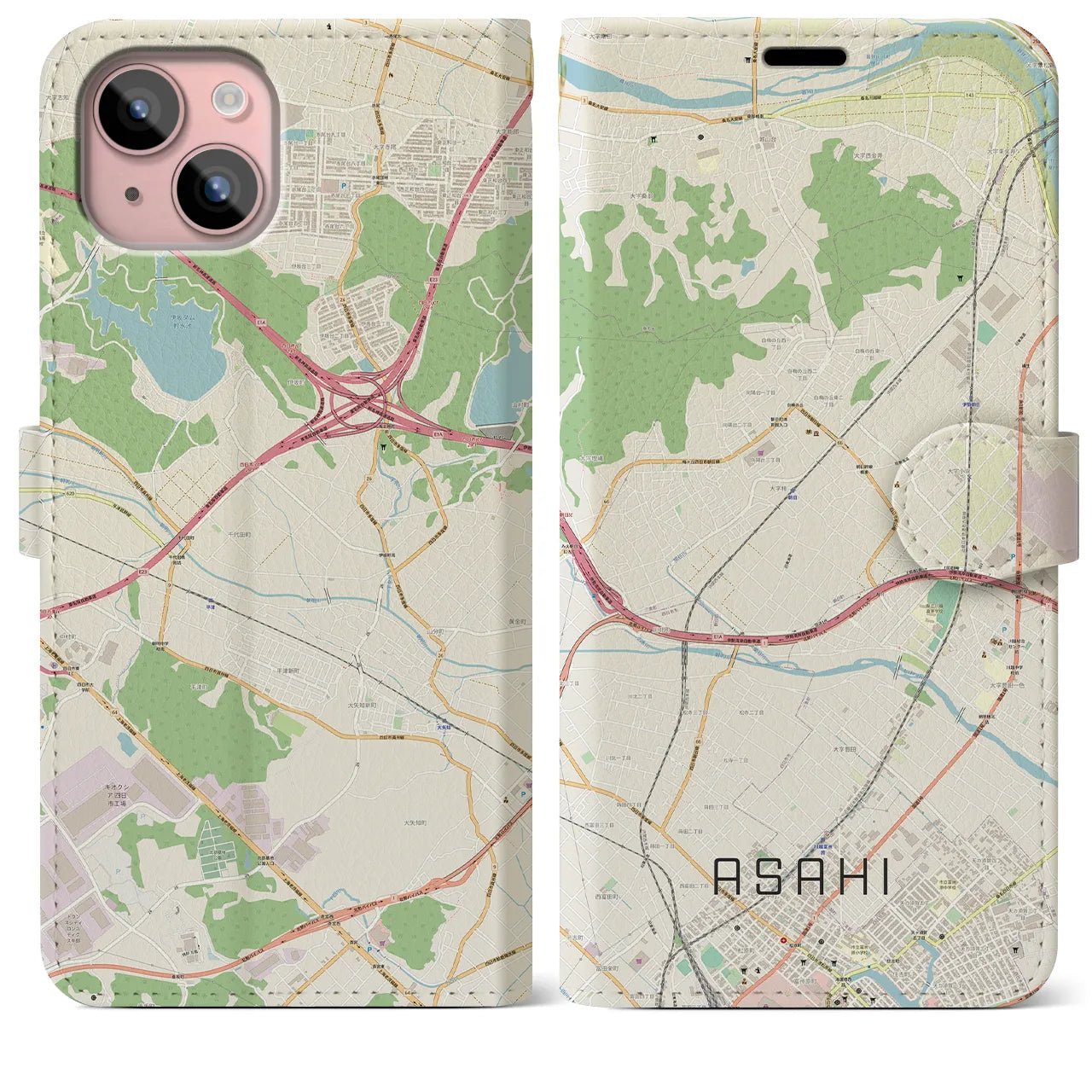 【朝日(三重県)】地図柄iPhoneケース(手帳タイプ)ナチュラル・iPhone 15 Plus 用