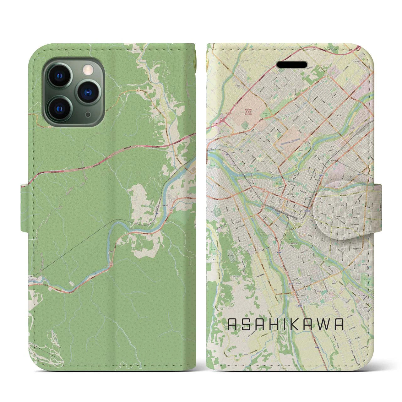 【旭川(北海道)】地図柄iPhoneケース(手帳タイプ)ナチュラル・iPhone 11 Pro 用