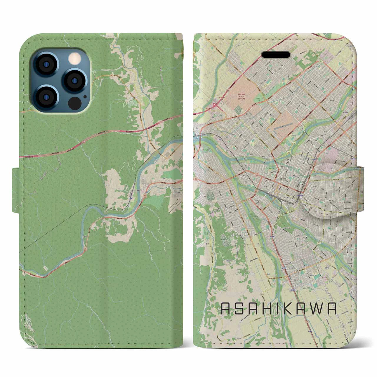 【旭川(北海道)】地図柄iPhoneケース(手帳タイプ)ナチュラル・iPhone 12 / 12 Pro 用