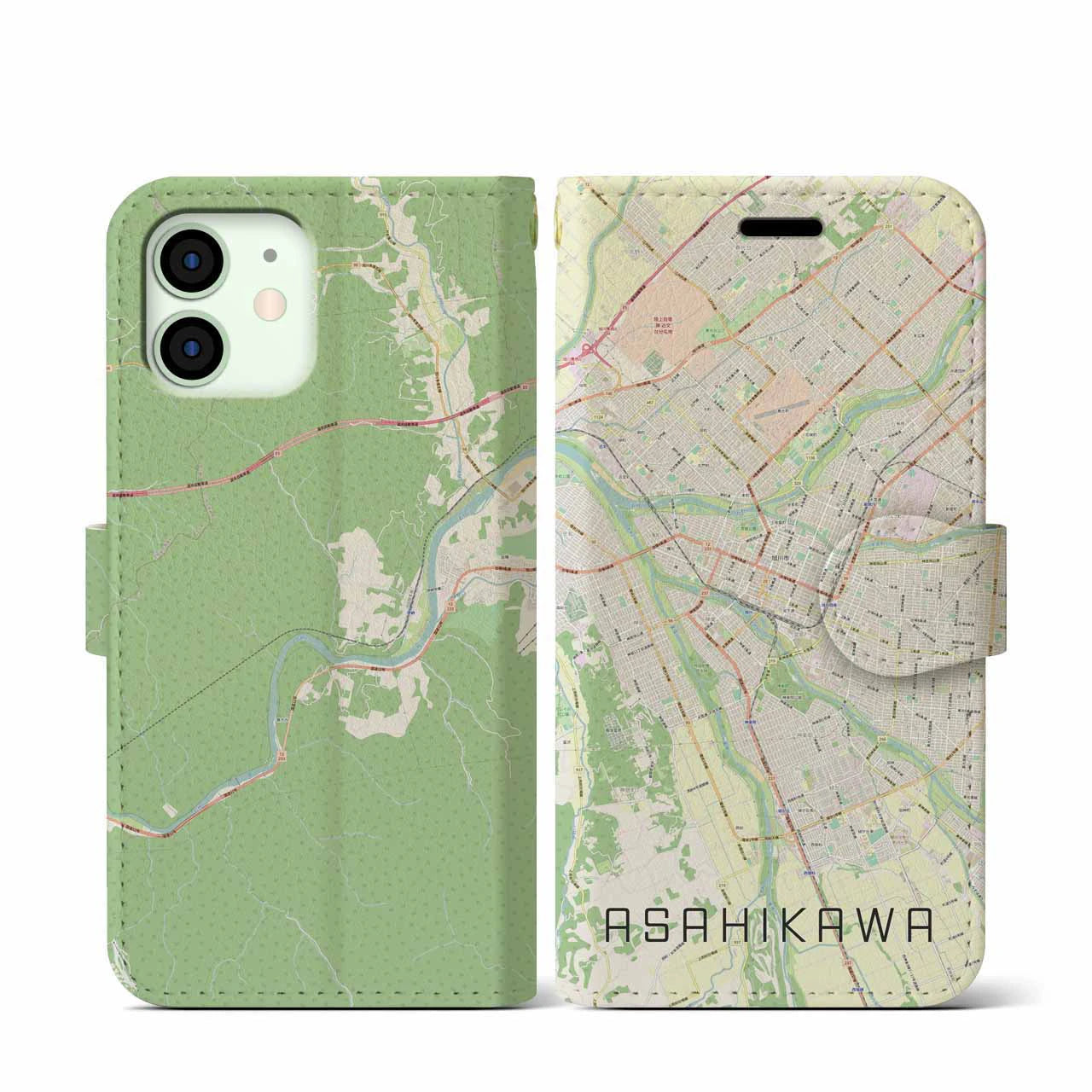【旭川(北海道)】地図柄iPhoneケース(手帳タイプ)ナチュラル・iPhone 12 mini 用