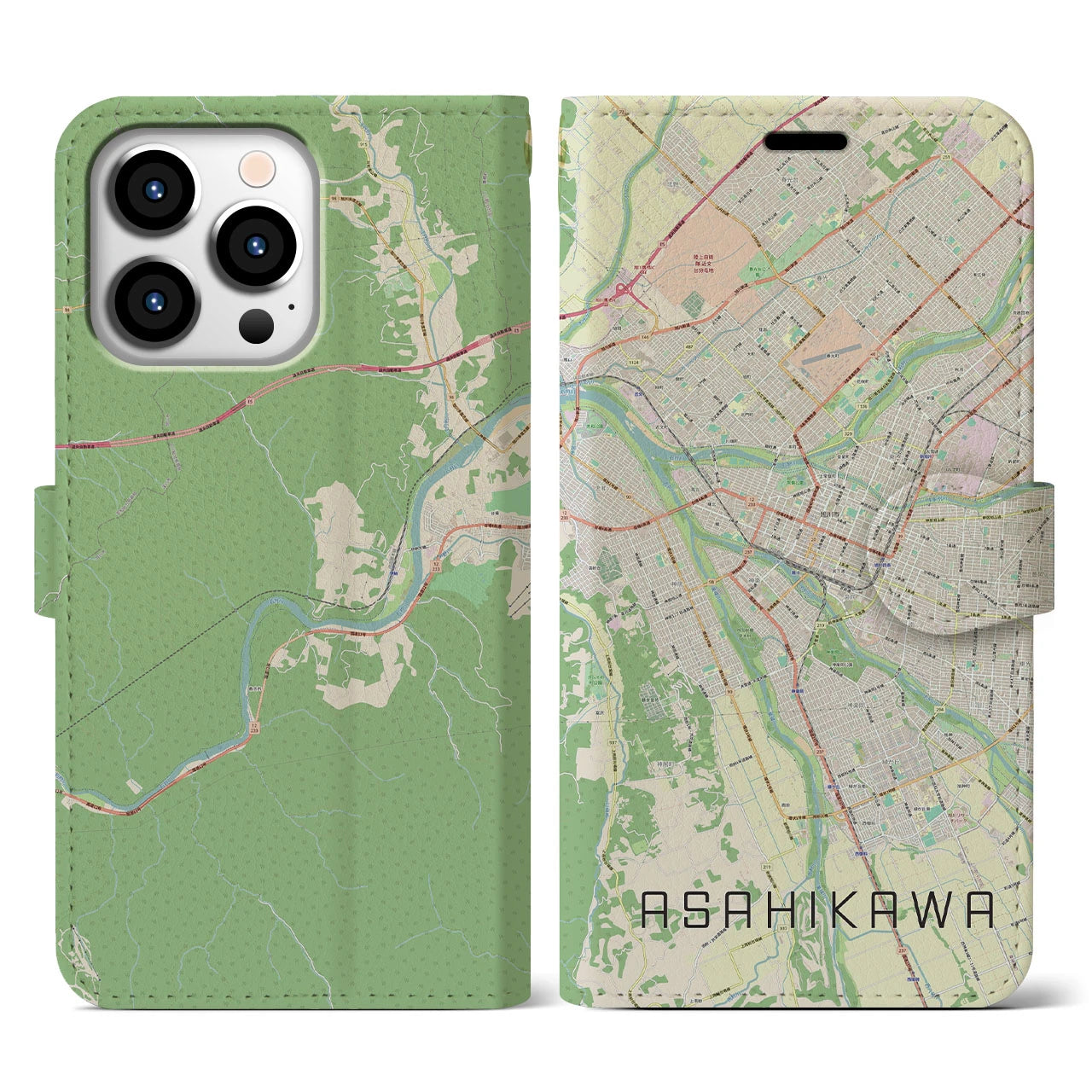 【旭川(北海道)】地図柄iPhoneケース(手帳タイプ)ナチュラル・iPhone 13 Pro 用