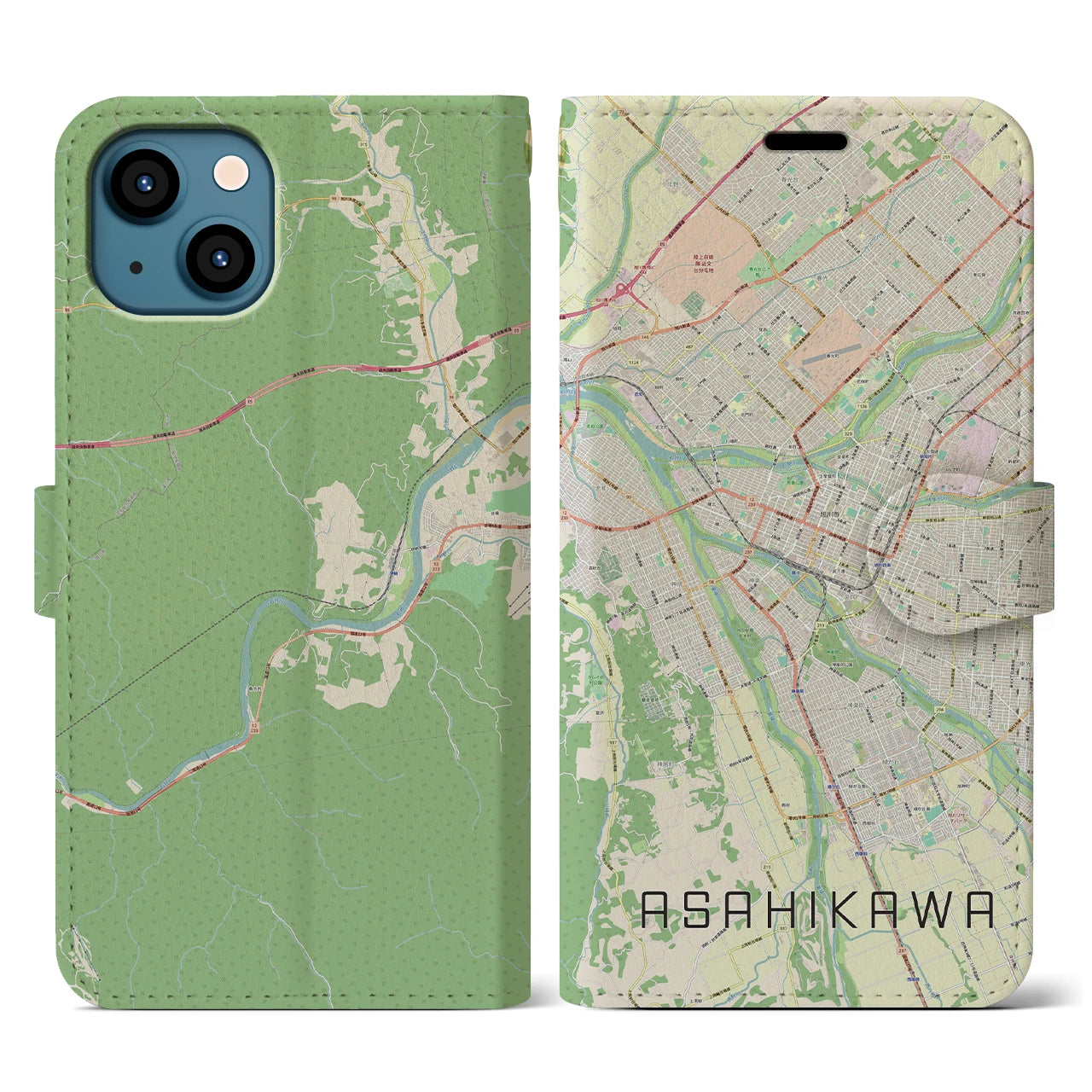 【旭川(北海道)】地図柄iPhoneケース(手帳タイプ)ナチュラル・iPhone 13 用