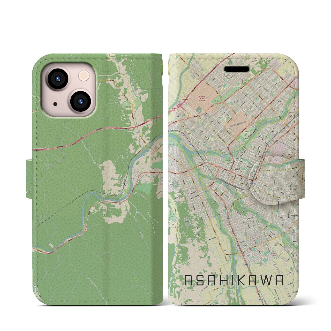 【旭川(北海道)】地図柄iPhoneケース(手帳タイプ)ナチュラル・iPhone 13 mini 用
