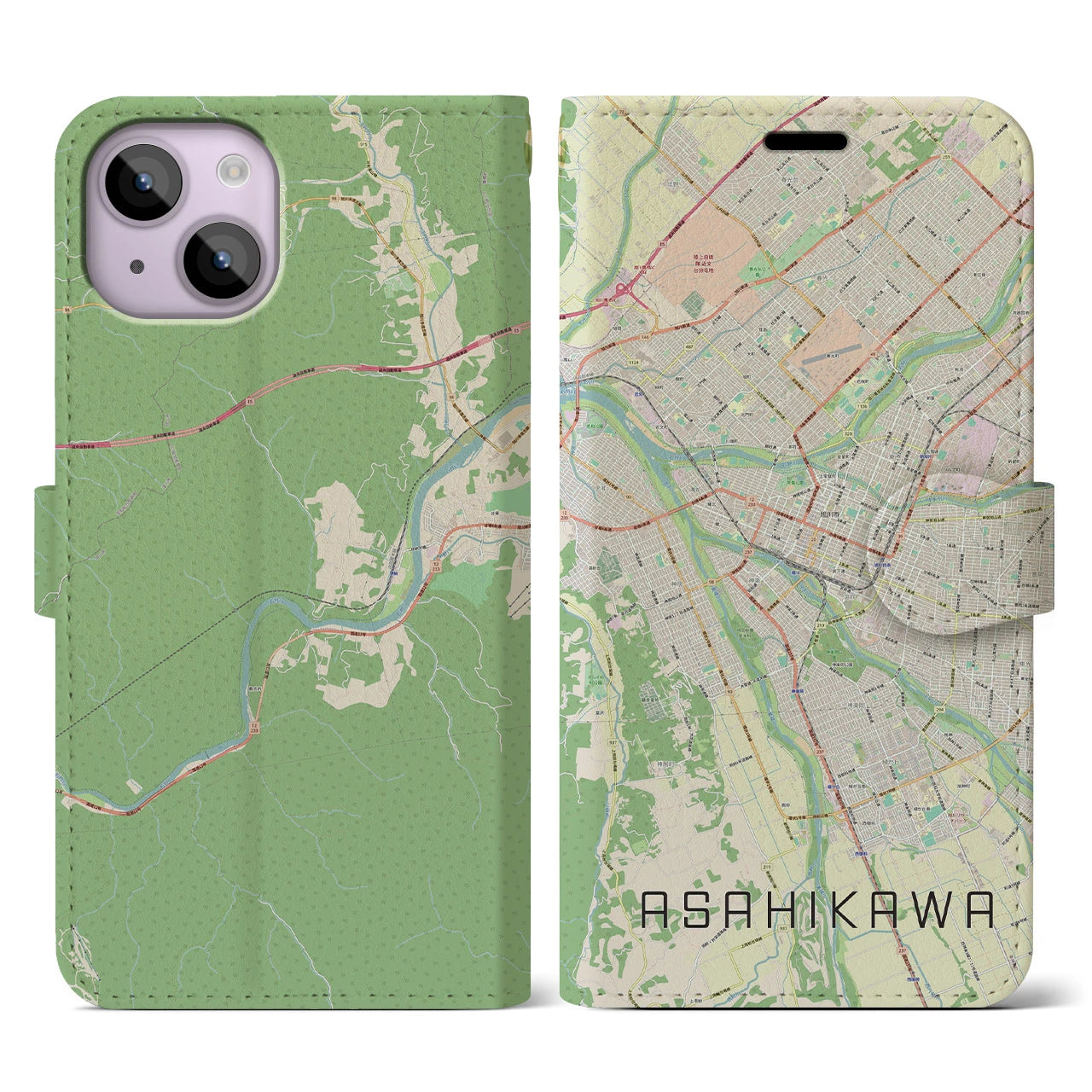 【旭川(北海道)】地図柄iPhoneケース(手帳タイプ)ナチュラル・iPhone 14 用