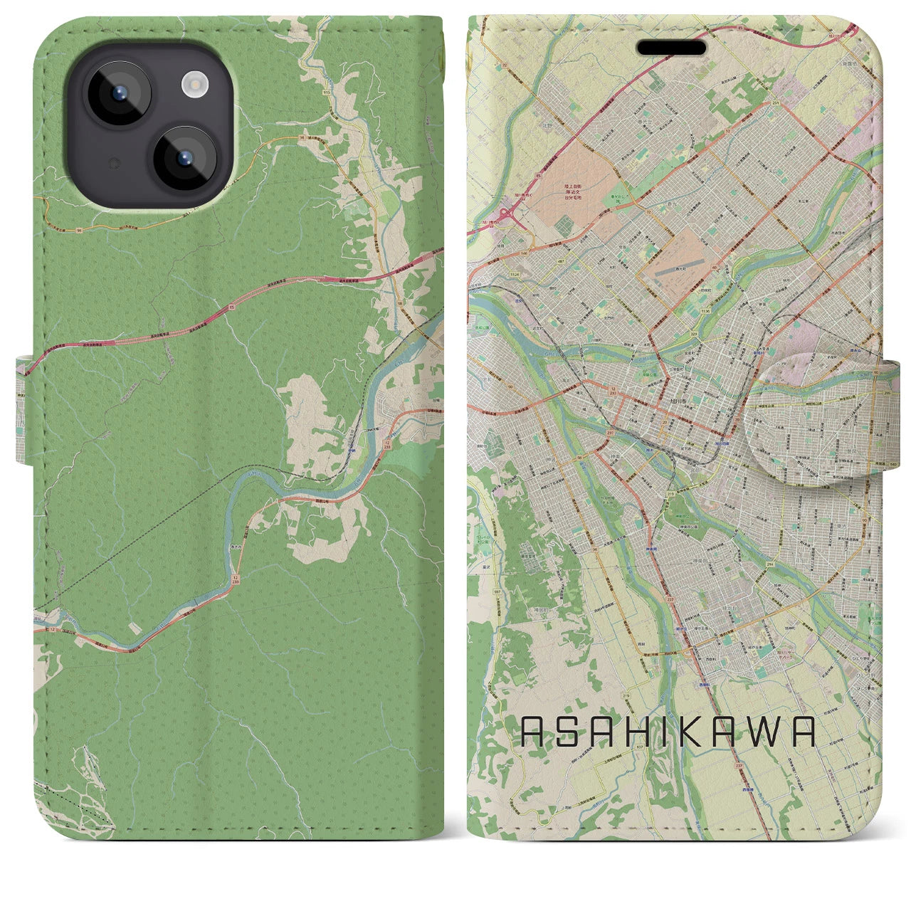 【旭川(北海道)】地図柄iPhoneケース(手帳タイプ)ナチュラル・iPhone 14 Plus 用