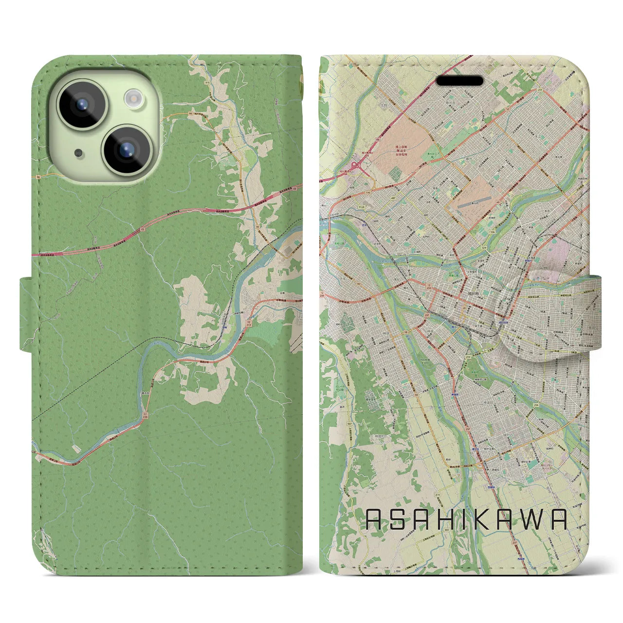 【旭川(北海道)】地図柄iPhoneケース(手帳タイプ)ナチュラル・iPhone 15 用