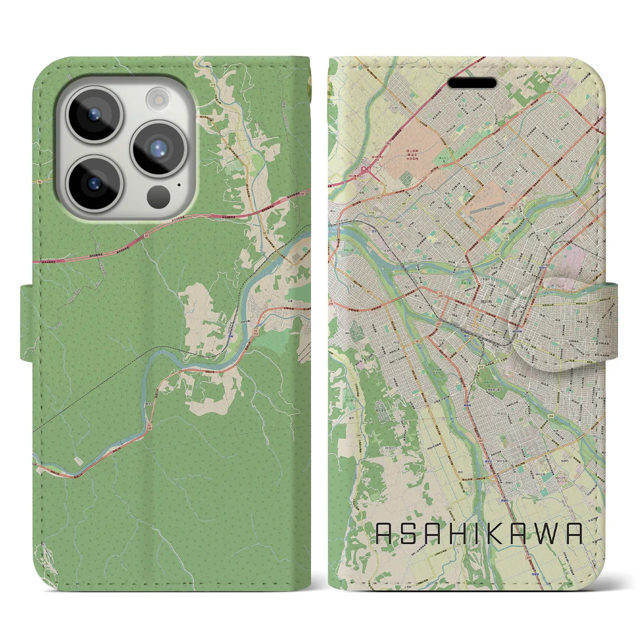 【旭川(北海道)】地図柄iPhoneケース(手帳タイプ)ナチュラル・iPhone 15 Pro 用