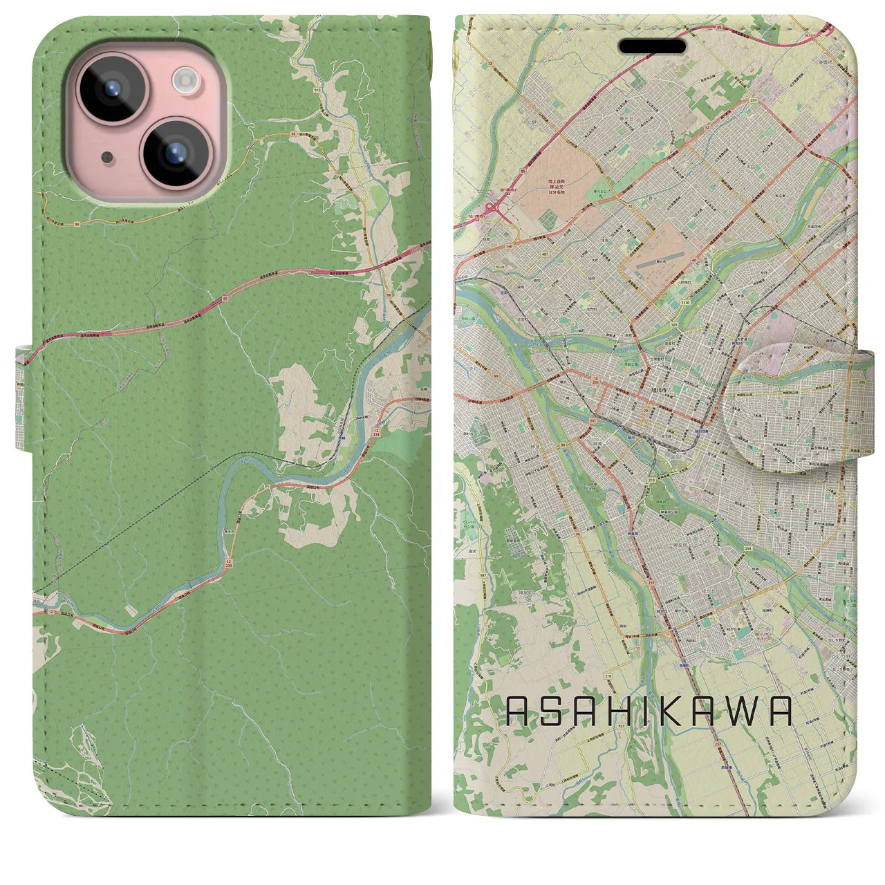 【旭川(北海道)】地図柄iPhoneケース(手帳タイプ)ナチュラル・iPhone 15 Plus 用