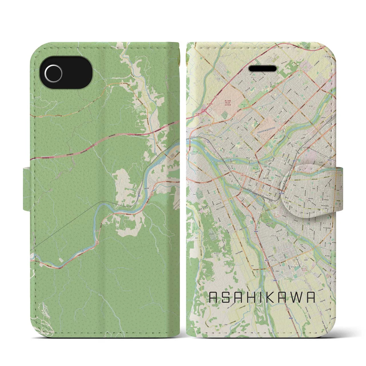 【旭川(北海道)】地図柄iPhoneケース(手帳タイプ)ナチュラル・iPhone SE(第3 / 第2世代) / 8 / 7 / 6s / 6 用