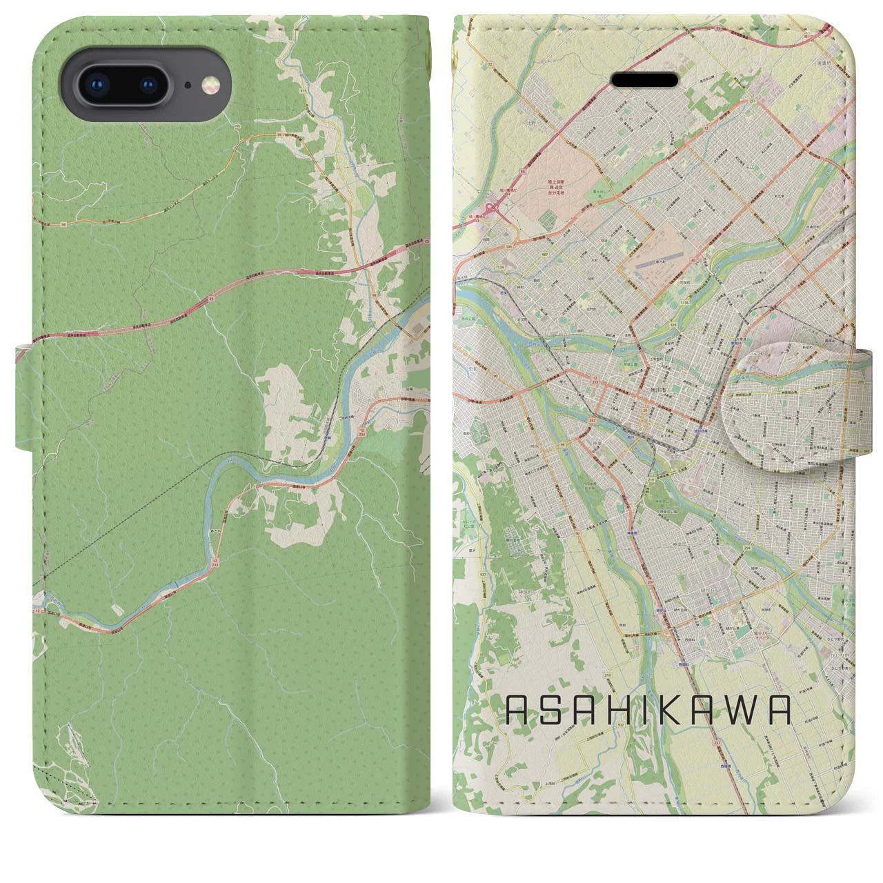 【旭川(北海道)】地図柄iPhoneケース(手帳タイプ)ナチュラル・iPhone 8Plus /7Plus / 6sPlus / 6Plus 用