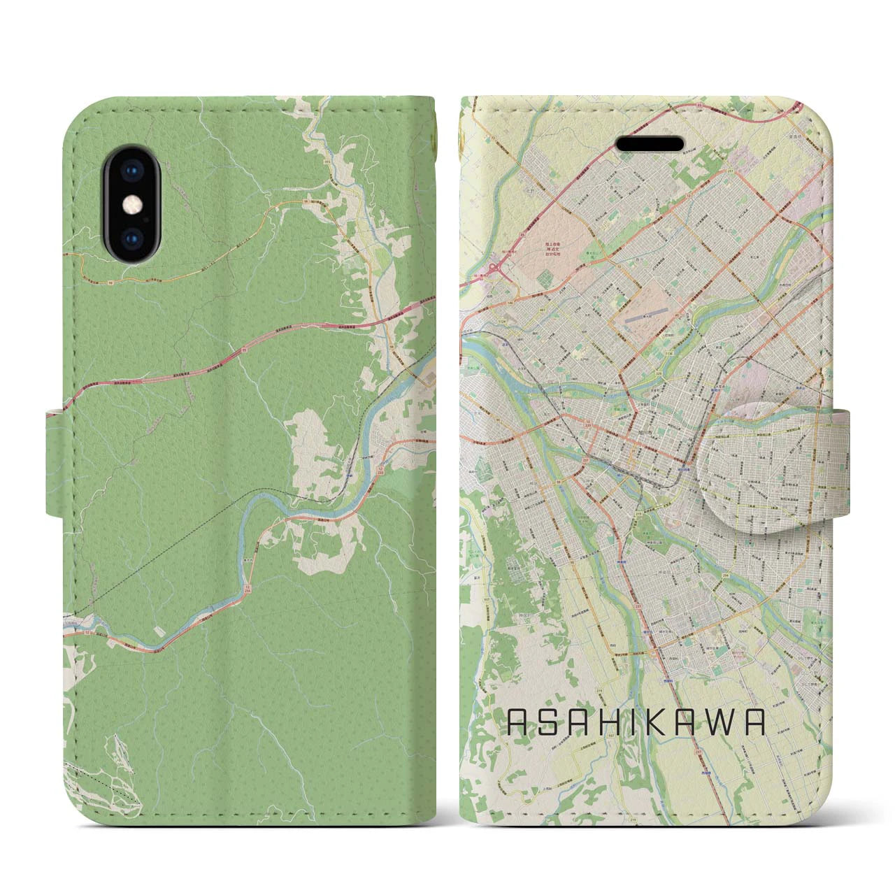 【旭川(北海道)】地図柄iPhoneケース(手帳タイプ)ナチュラル・iPhone XS / X 用